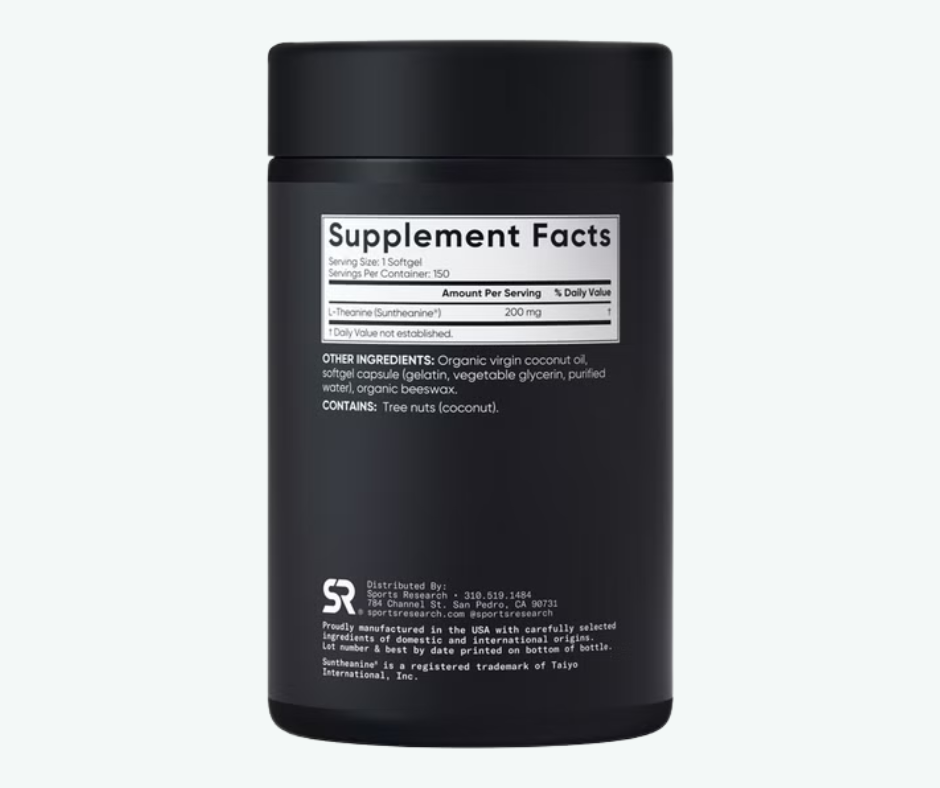 Sports Research - L-Teanina de 200 mg con Suntheanine - Elaborado con Aceite de Coco Ecológico - Relajación, Concentración y Apoyo al Estado de Ánimo de Doble Potencia | 150 Softgels