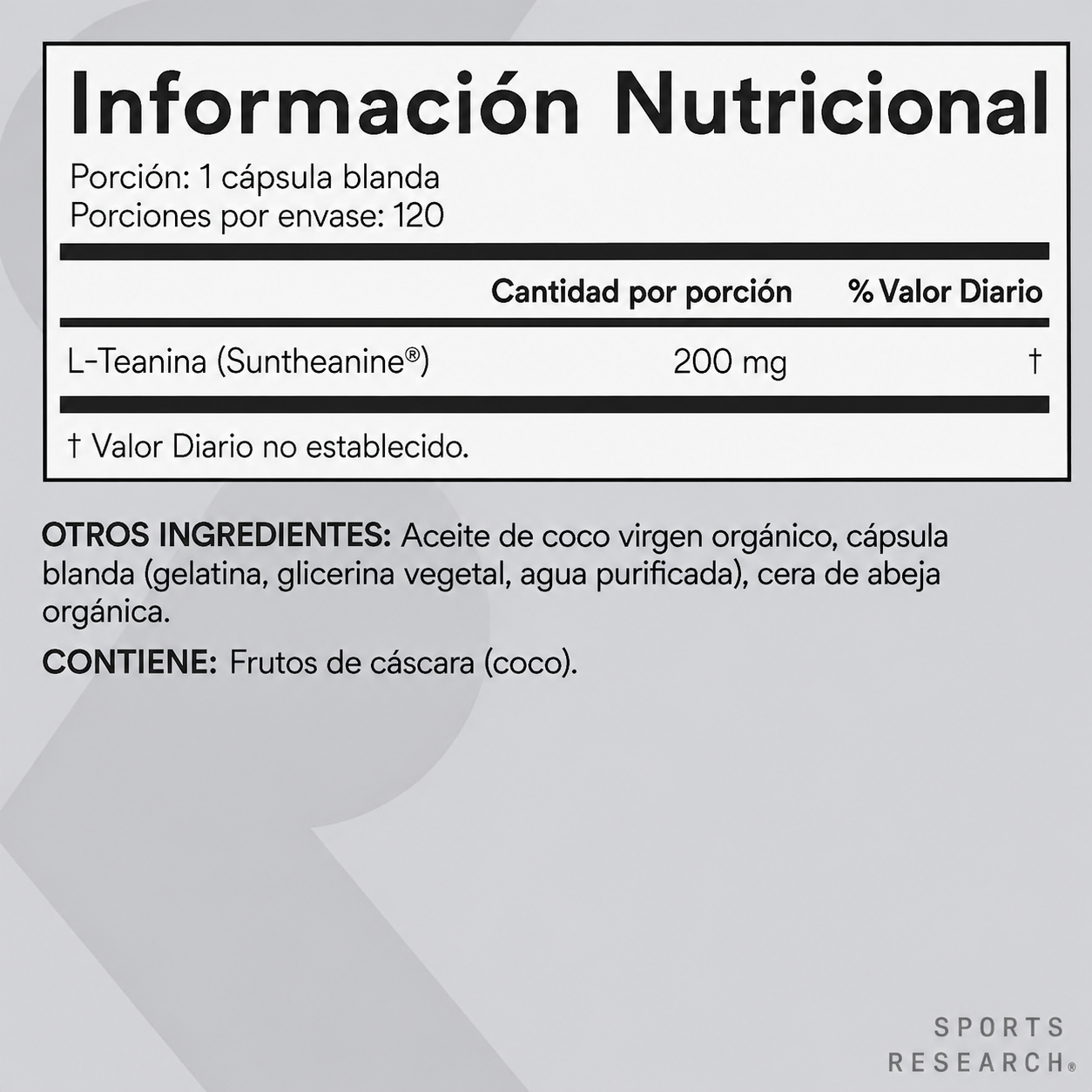 Sports Research - L-Teanina de 200 mg con Suntheanine - Elaborado con Aceite de Coco Ecológico - Relajación, Concentración y Apoyo al Estado de Ánimo de Doble Potencia | 150 Softgels
