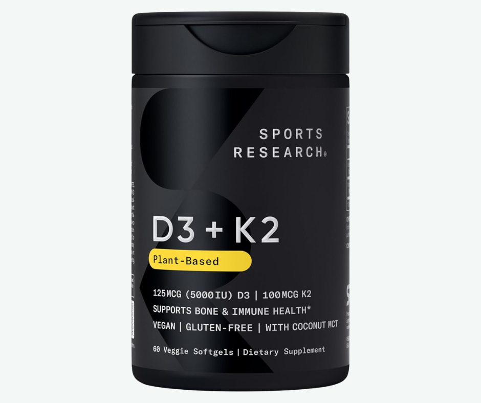 Sports Research - Vitamina D3 + K2 con Aceite de Coco - Vitamina D Vegana de 5000 UI (125 mcg) y Vitamina K Mk7 de 100 mcg - Cuidado de los Huesos y el Sistema Inmunitario | Softgels