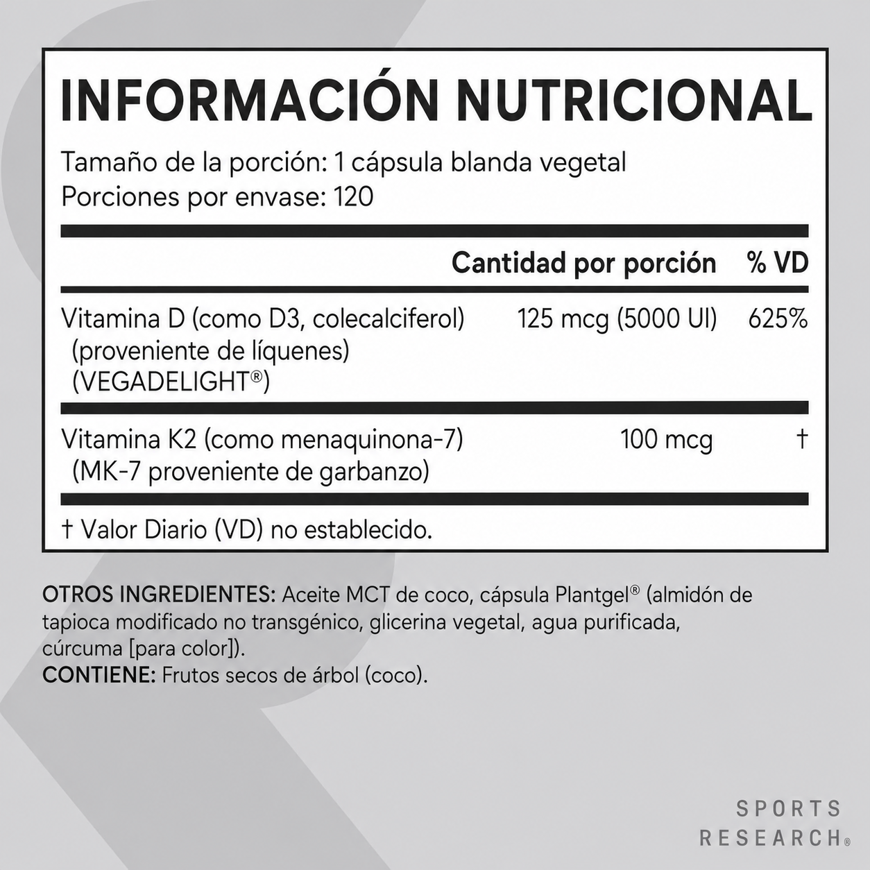Sports Research - Vitamina D3 + K2 con Aceite de Coco - Vitamina D Vegana de 5000 UI (125 mcg) y Vitamina K Mk7 de 100 mcg - Cuidado de los Huesos y el Sistema Inmunitario | Softgels