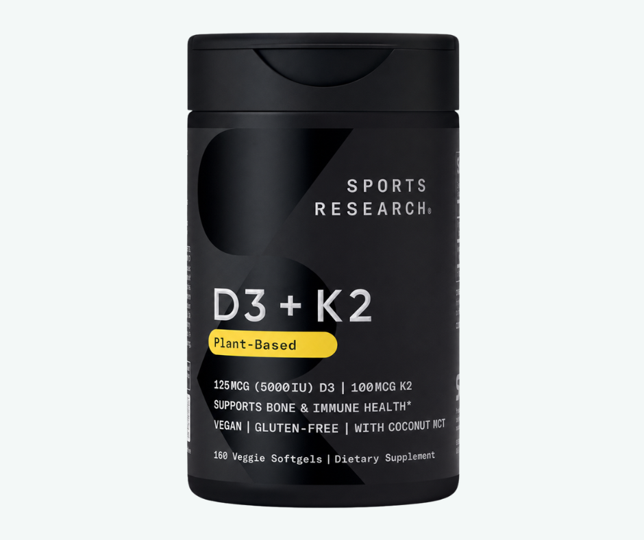 Sports Research - Vitamina D3 + K2 con Aceite de Coco - Vitamina D Vegana de 5000 UI (125 mcg) y Vitamina K Mk7 de 100 mcg - Cuidado de los Huesos y el Sistema Inmunitario | Softgels