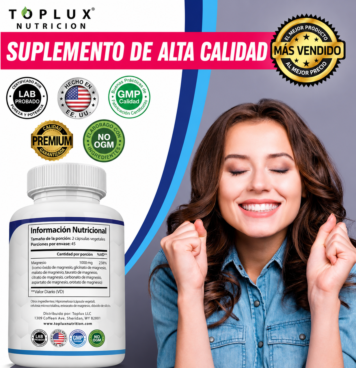 Toplux Nutrition - Magnesio Complex 1000 mg – Complejo de Magnesio con 8 Formas de Magnesio – Alta Absorción – 90 Cápsulas
