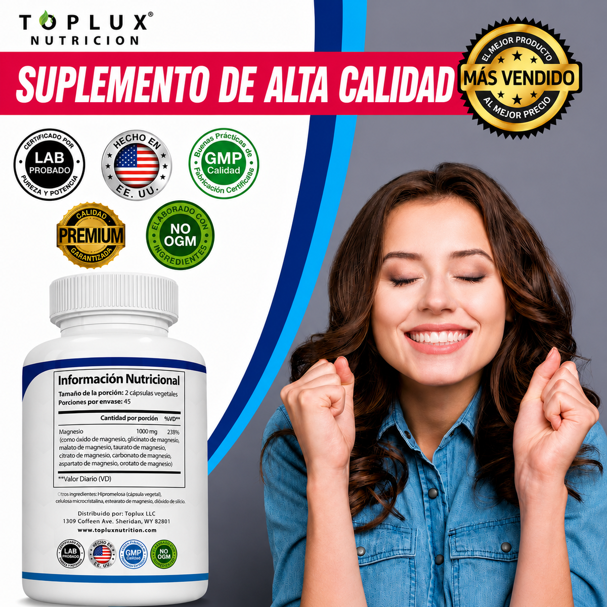 Toplux Nutrition - Magnesio Complex de 1000 mg - Complejo de Magnesio con 8 Formas de Magnesio - Alta Absorción | 90 Cápsulas