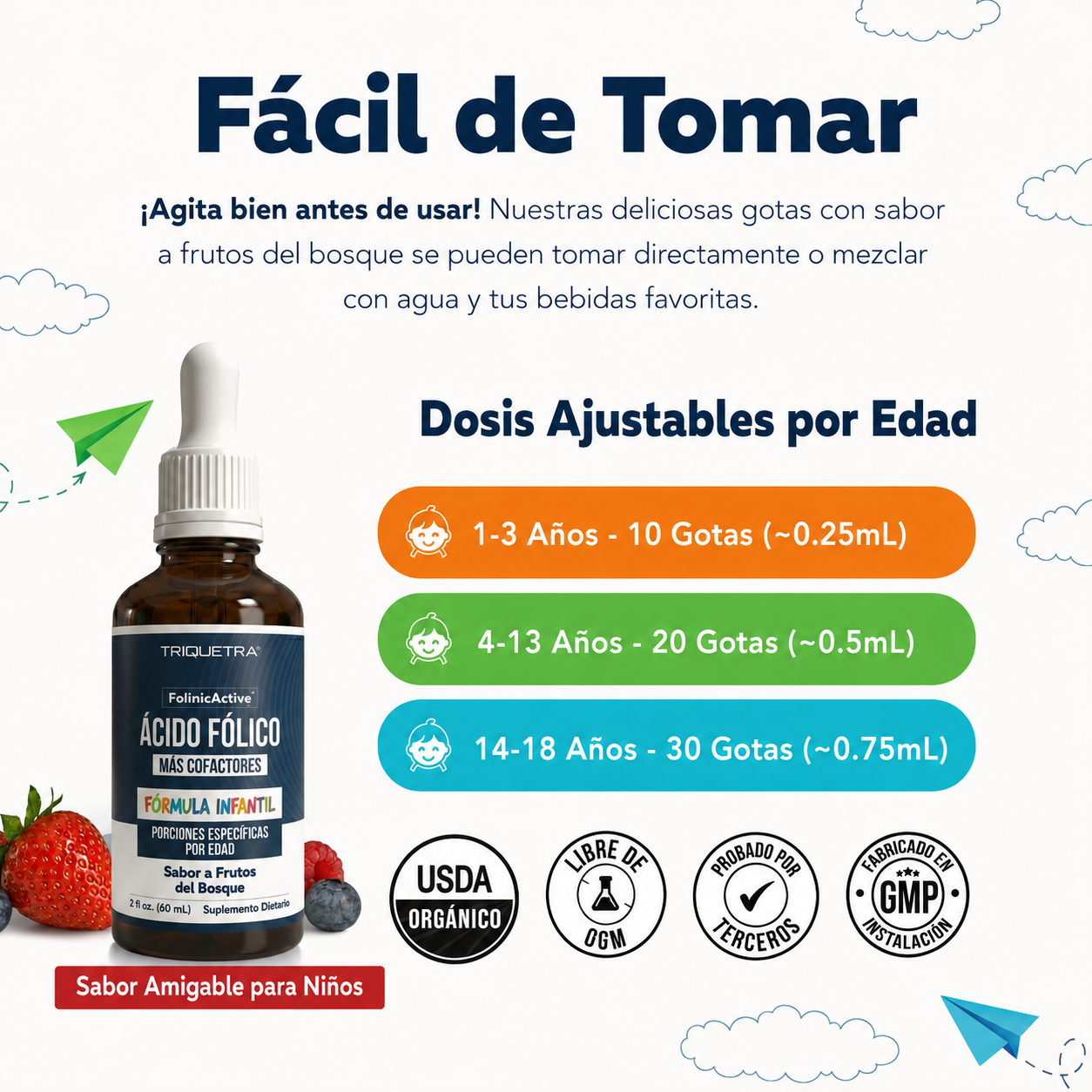 Triquetra - Ácido Folínico + Cofactores B12, B6 y B2 - Apoyo Suave a la Metilación para el Estado de Ánimo, la Energía y las Funciones Cognitivas - Dosis Adaptables a la Edad para Niños de 1 a 18 Años - Sabor a Frutos del Bosque | 60 mL
