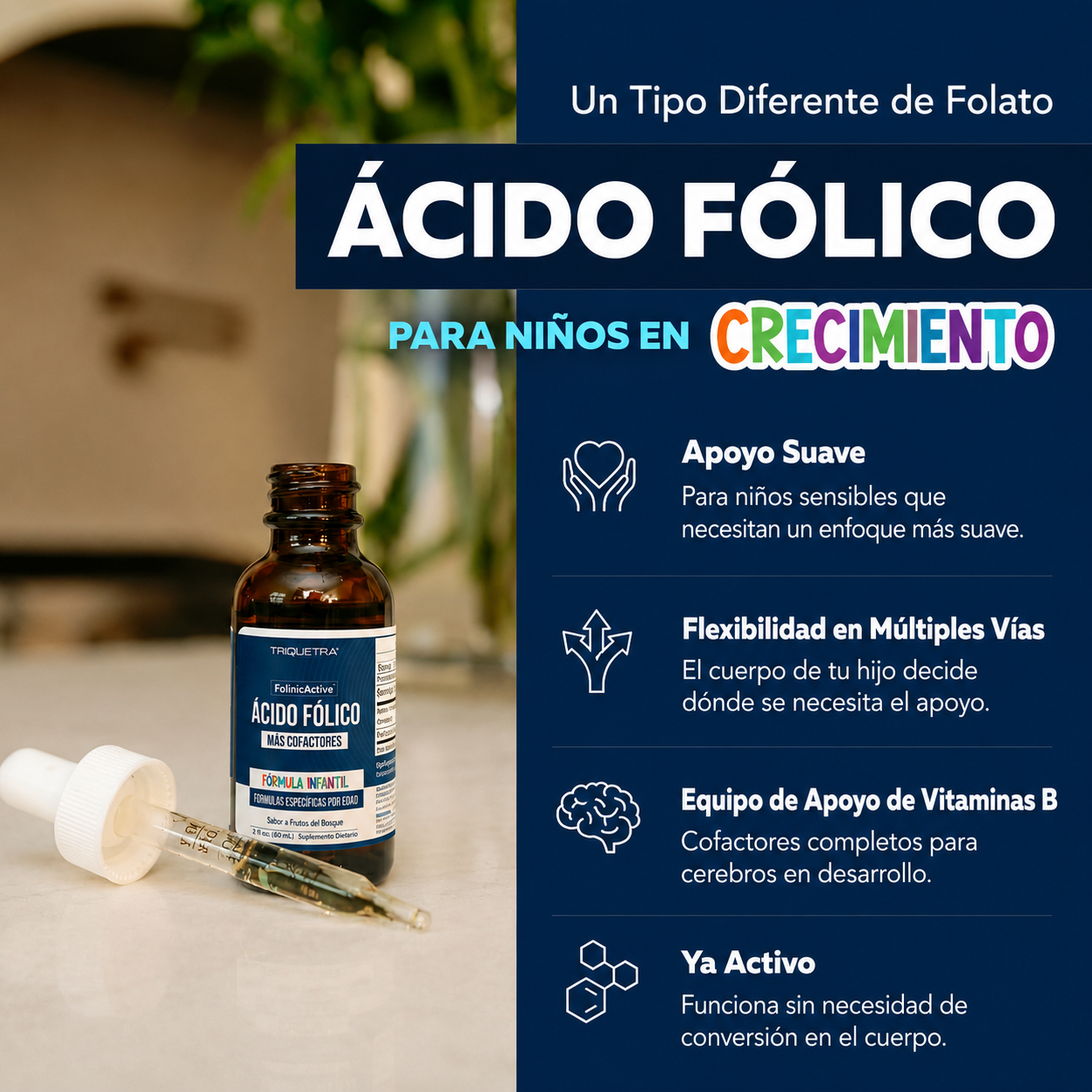 Triquetra - Ácido Folínico + Cofactores B12, B6 y B2 - Apoyo Suave a la Metilación para el Estado de Ánimo, la Energía y las Funciones Cognitivas - Dosis Adaptables a la Edad para Niños de 1 a 18 Años - Sabor a Frutos del Bosque | 60 mL