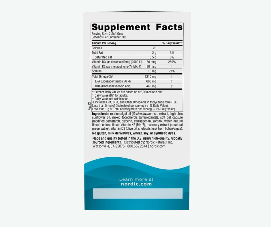 Nordic Naturals - Ultimate Omega D3 + K2 Vegetal – Omega 3 de Algas con Vitamina D3 y K2 | 60 Softgels