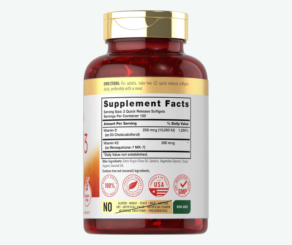 Carlyle - Vitamina K2 + D3 10,000 IU – Soporte Óseo e Inmunológico | 300 Softgels