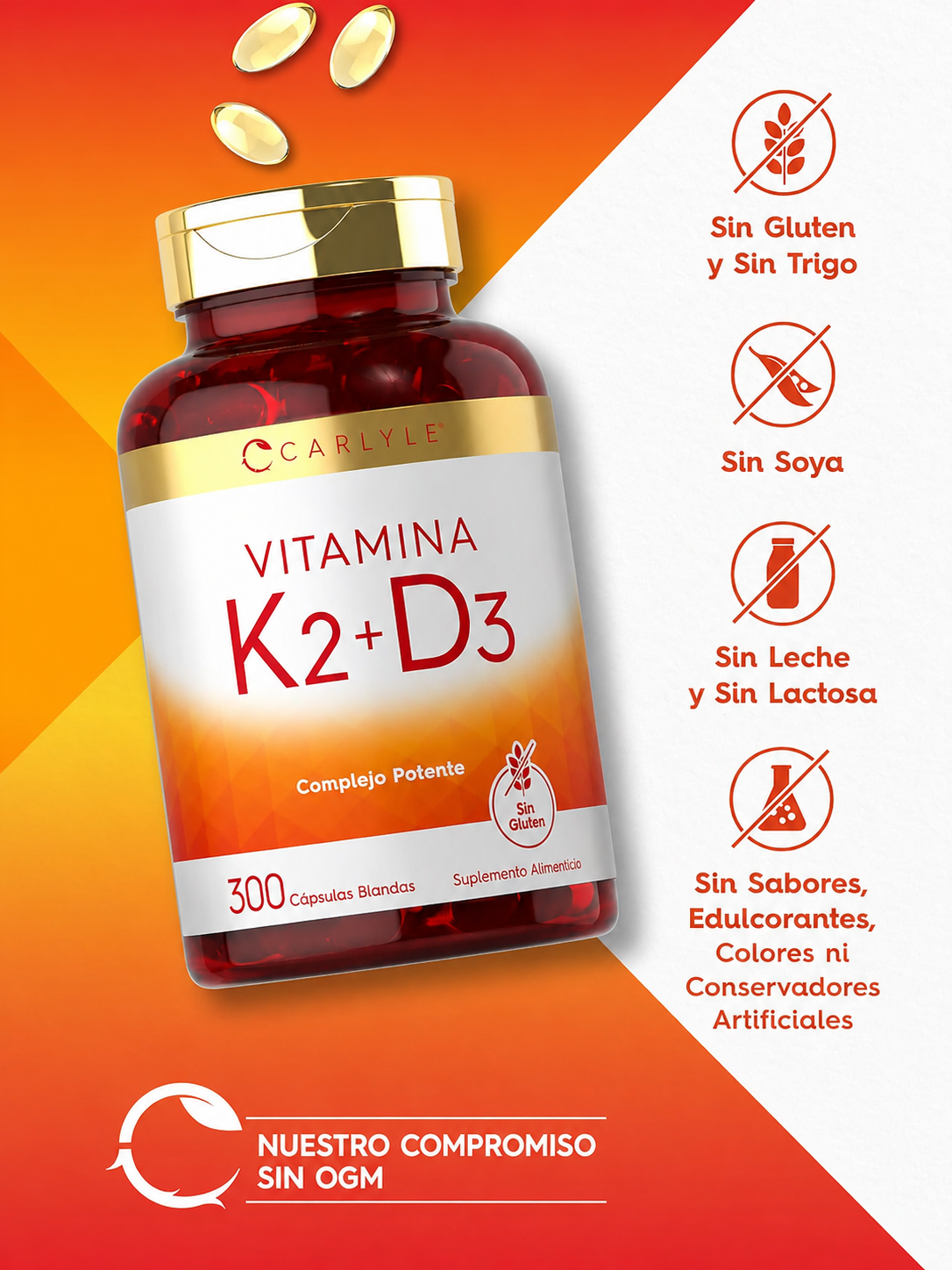 Carlyle - Vitamina K2 + D3 10,000 IU – Soporte Óseo e Inmunológico | 300 Softgels