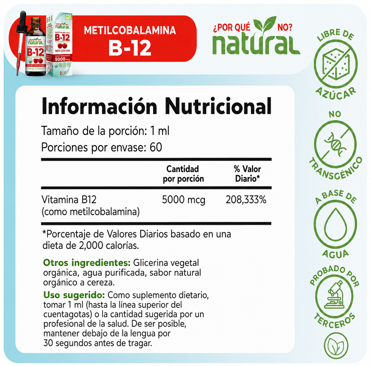 Why Not Natural - Vitamina B12 de 5000 mcg en Gotas - Energía y Sistema Nervioso | Sublingual