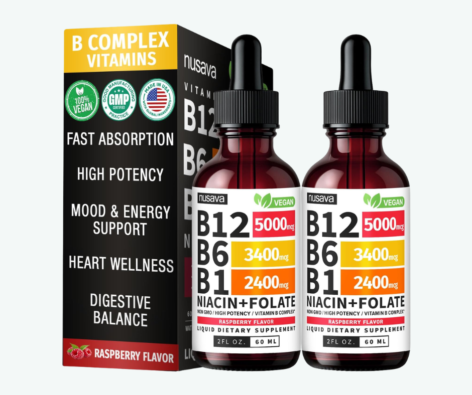 Nusava - Vitamina B Complex Líquido con B12 5000 mcg + B6 + B1 | Energía, Cerebro y Sistema Nervioso | 60 ml
