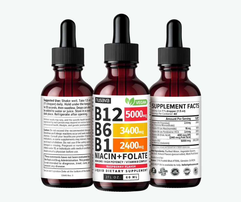 Nusava - Vitamina B Complex Líquido con B12 5000 mcg + B6 + B1 | Energía, Cerebro y Sistema Nervioso | 60 ml
