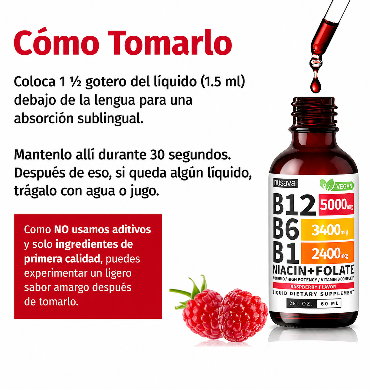 Nusava - Vitamina B Complex Líquido con B12 de 5000 mcg + B6 + B1 - Energía, Cerebro y Sistema Nervioso | 60 mL
