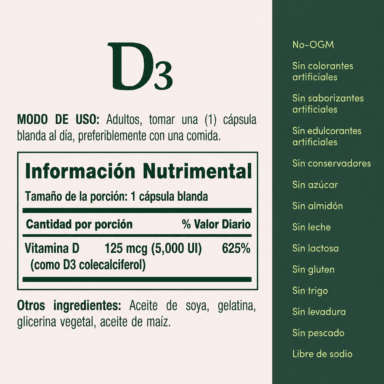 Vitamina D3 125 mcg (5000 UI) – 400 cápsulas blandas – Nature’s Bounty