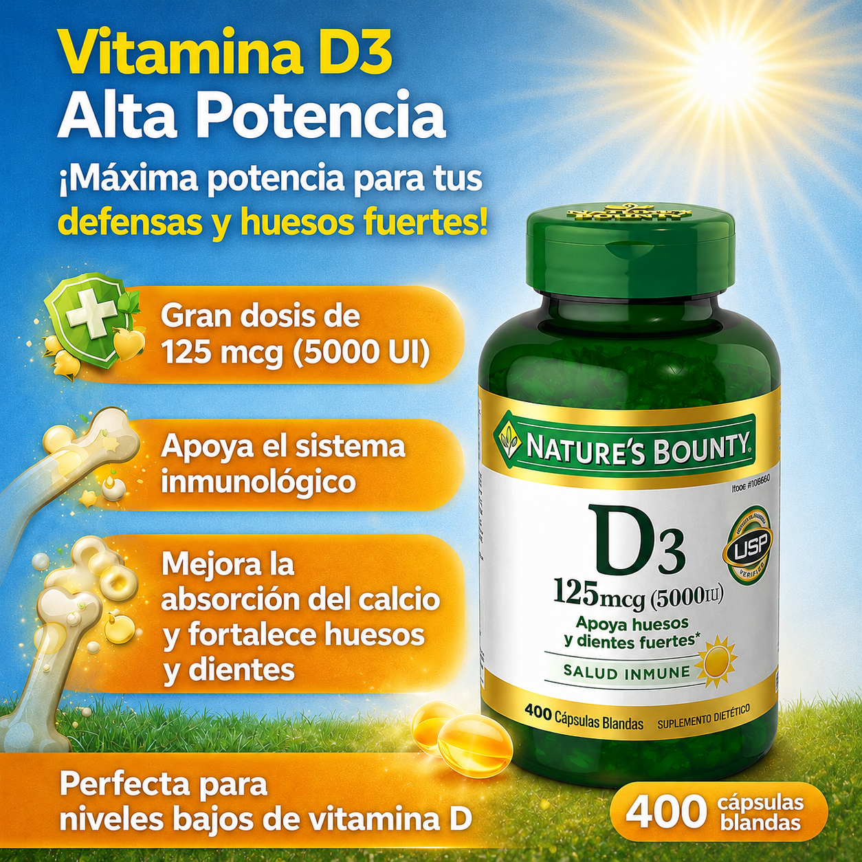Vitamina D3 125 mcg (5000 UI) – 400 cápsulas blandas – Nature’s Bounty