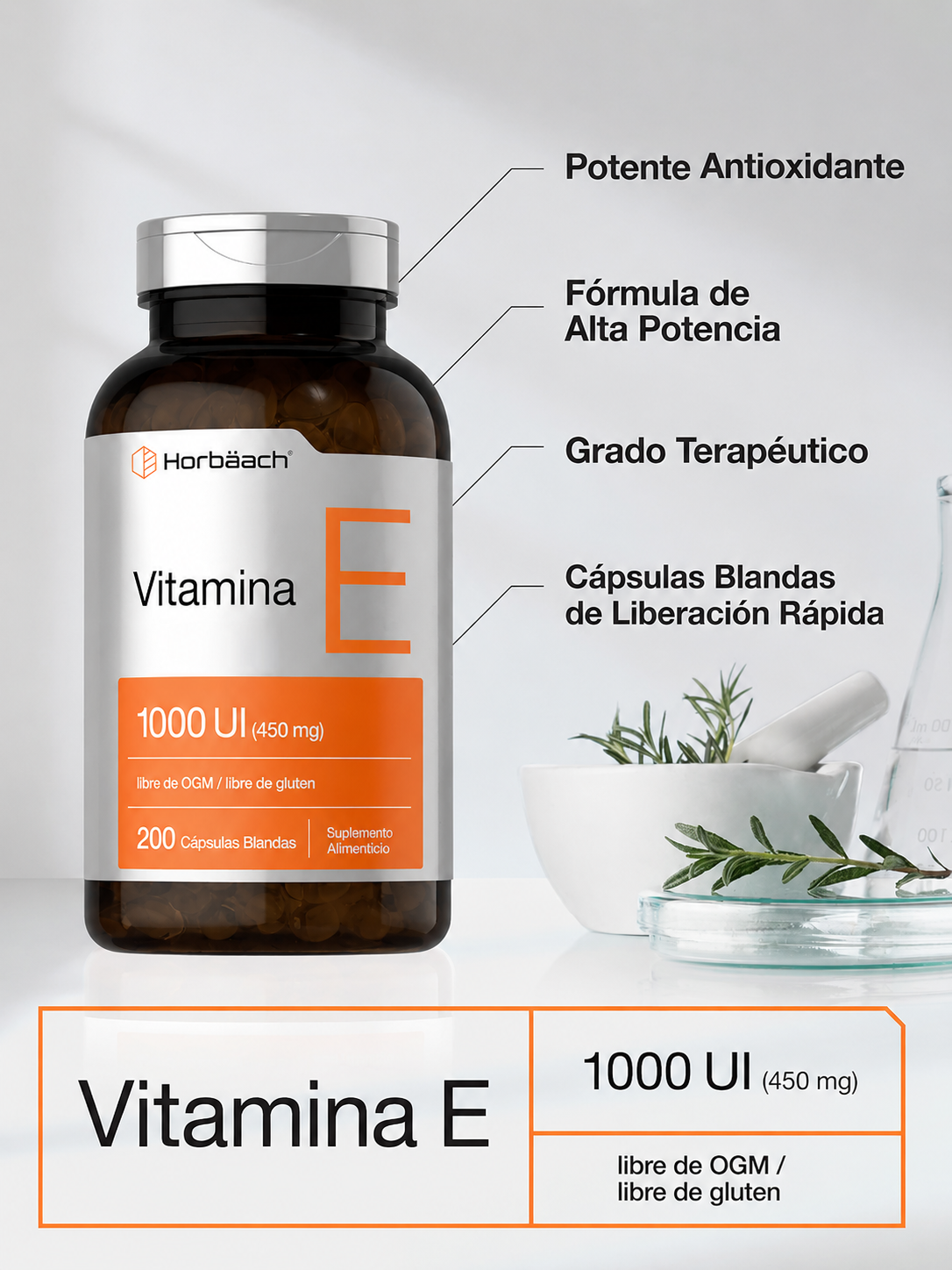 Vitamina E 1000 IU (450 mg) – 200 Softgels | Horbäach