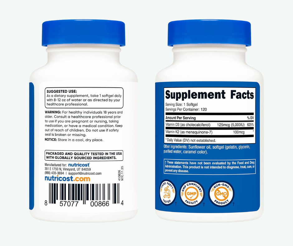 Vitamina K2 100 mcg + Vitamina D3 125 mcg (5000 IU) – 120 cápsulas blandas – Nutricost