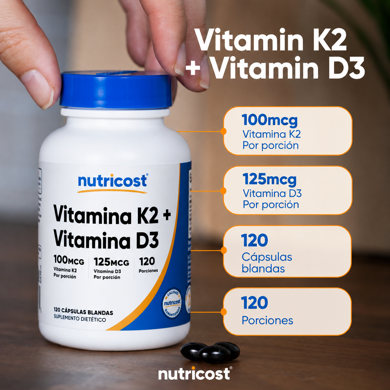 Vitamina K2 100 mcg + Vitamina D3 125 mcg (5000 IU) – 120 cápsulas blandas – Nutricost