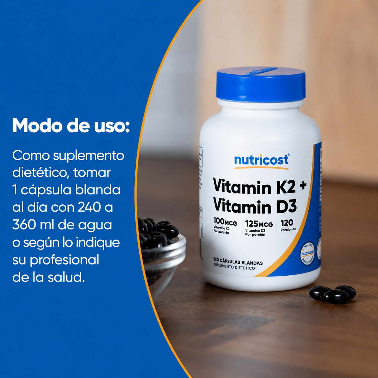 Vitamina K2 100 mcg + Vitamina D3 125 mcg (5000 IU) – 120 cápsulas blandas – Nutricost