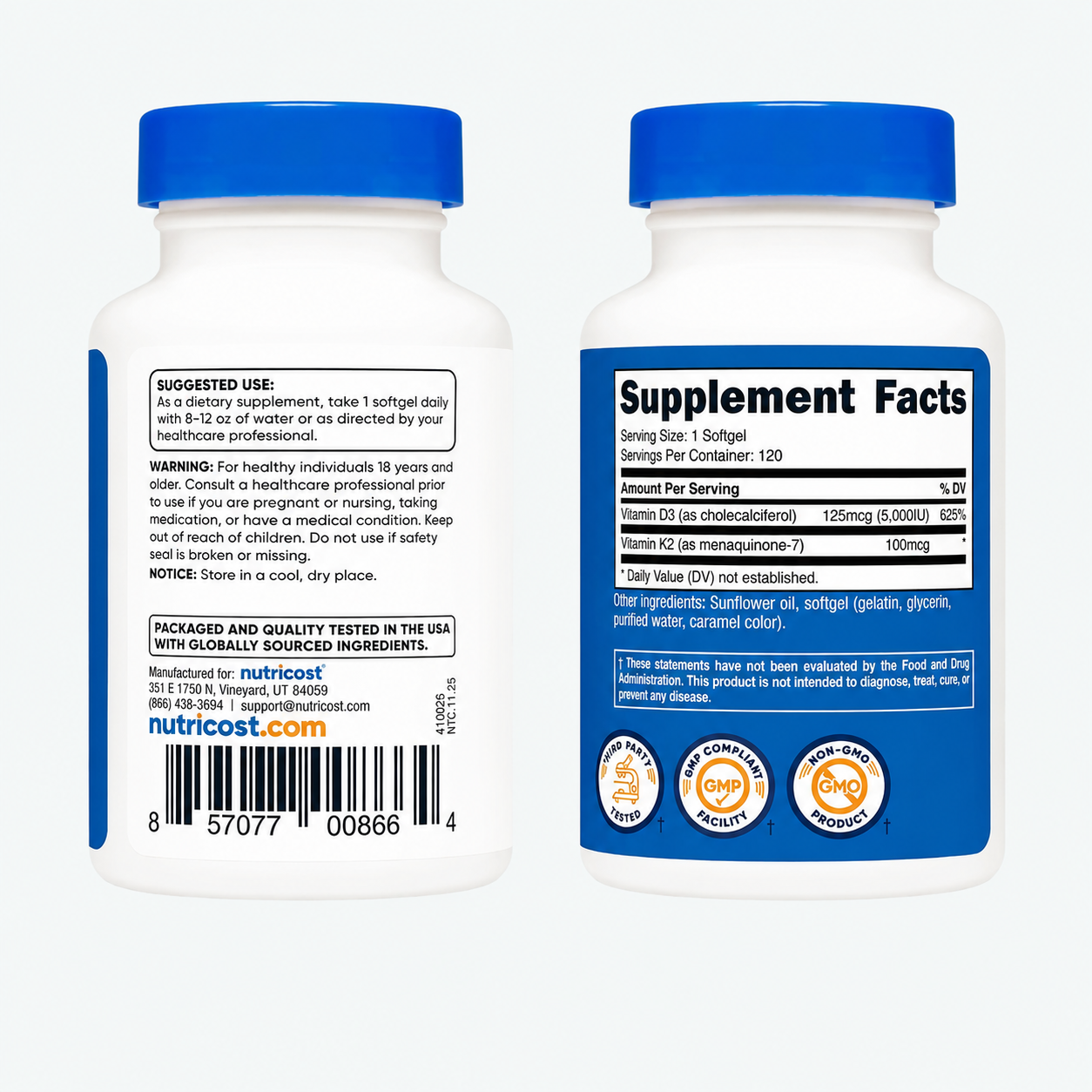 Nutricost - Vitamina K2 de 100 mcg + Vitamina D3 de 125 mcg (5000 IU) | 120 Softgels