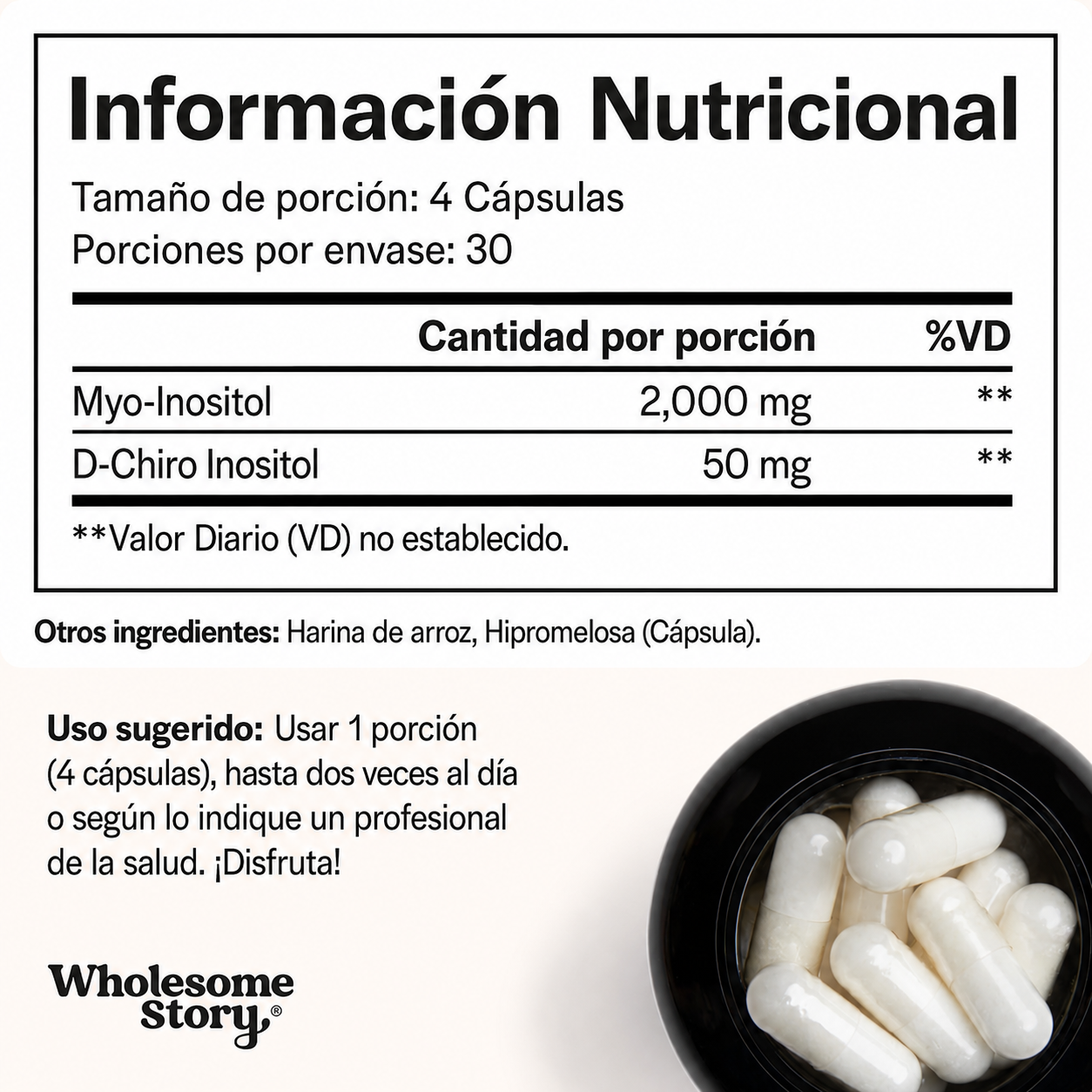 Wholesome Story - Suplemento de Mioinositol y D-Chiroinositol para Mujeres - Suplementos para la Fertilidad que Favorecen el Equilibrio Hormonal y la Salud Ovárica - Proporción Ideal de 40:1 | 120 Cápsulas