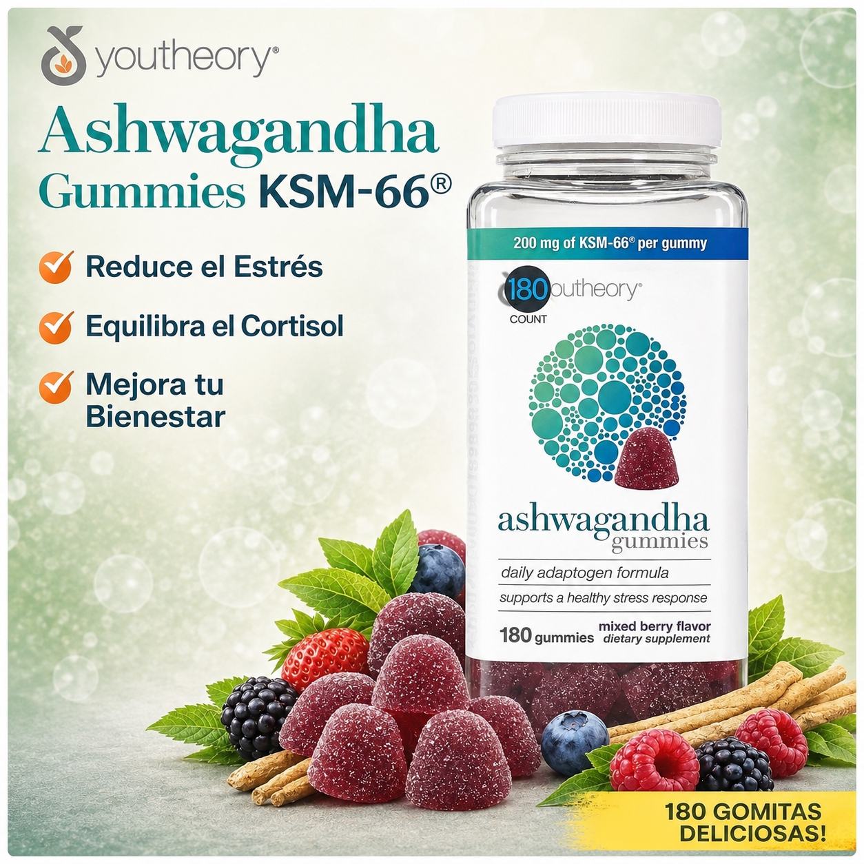 Youtheory - Ashwagandha Gomitas KSM-66® 200 mg por Gomita – Antiestrés y Equilibrio del Cortisol | 180 Gomitas