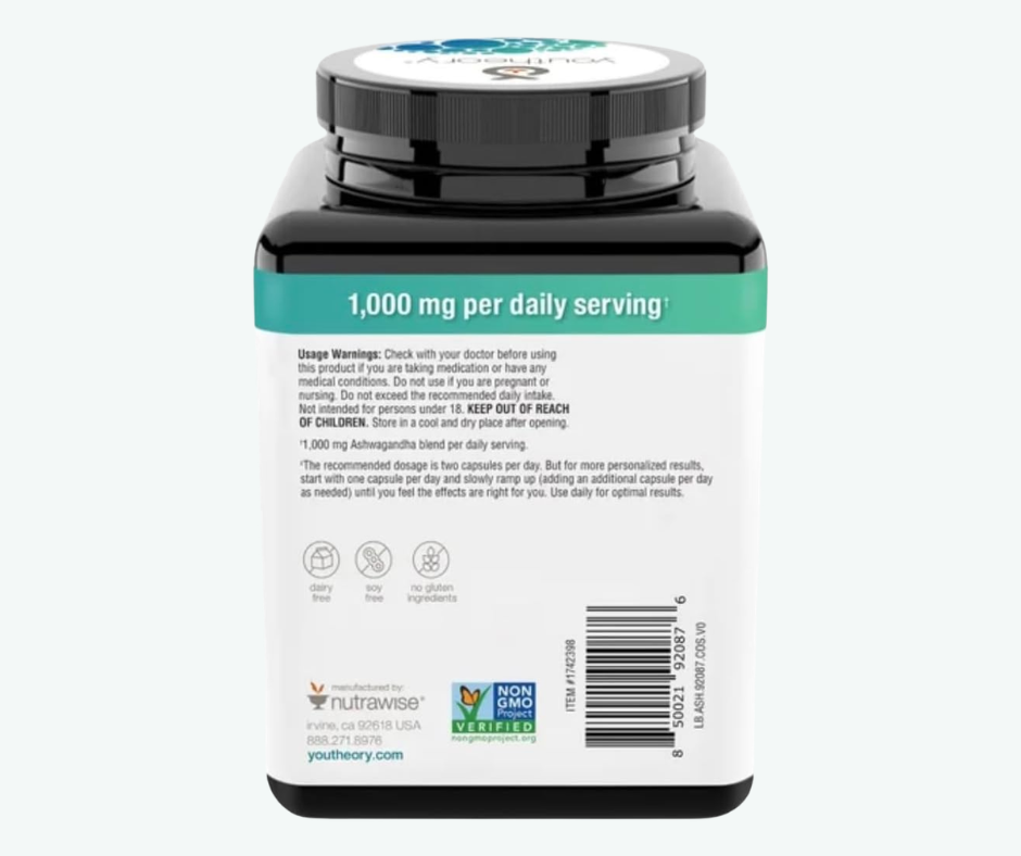 Youtheory - Ashwagandha de 1000 mg - Adaptógeno para Estrés y Energía | 180 Cápsulas