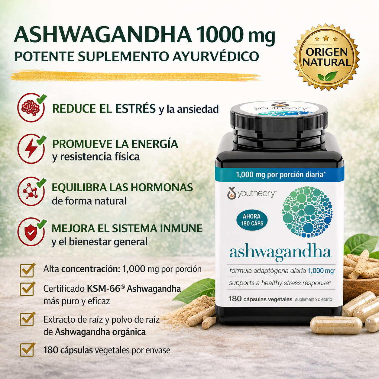 Youtheory - Ashwagandha de 1000 mg - Adaptógeno para Estrés y Energía | 180 Cápsulas