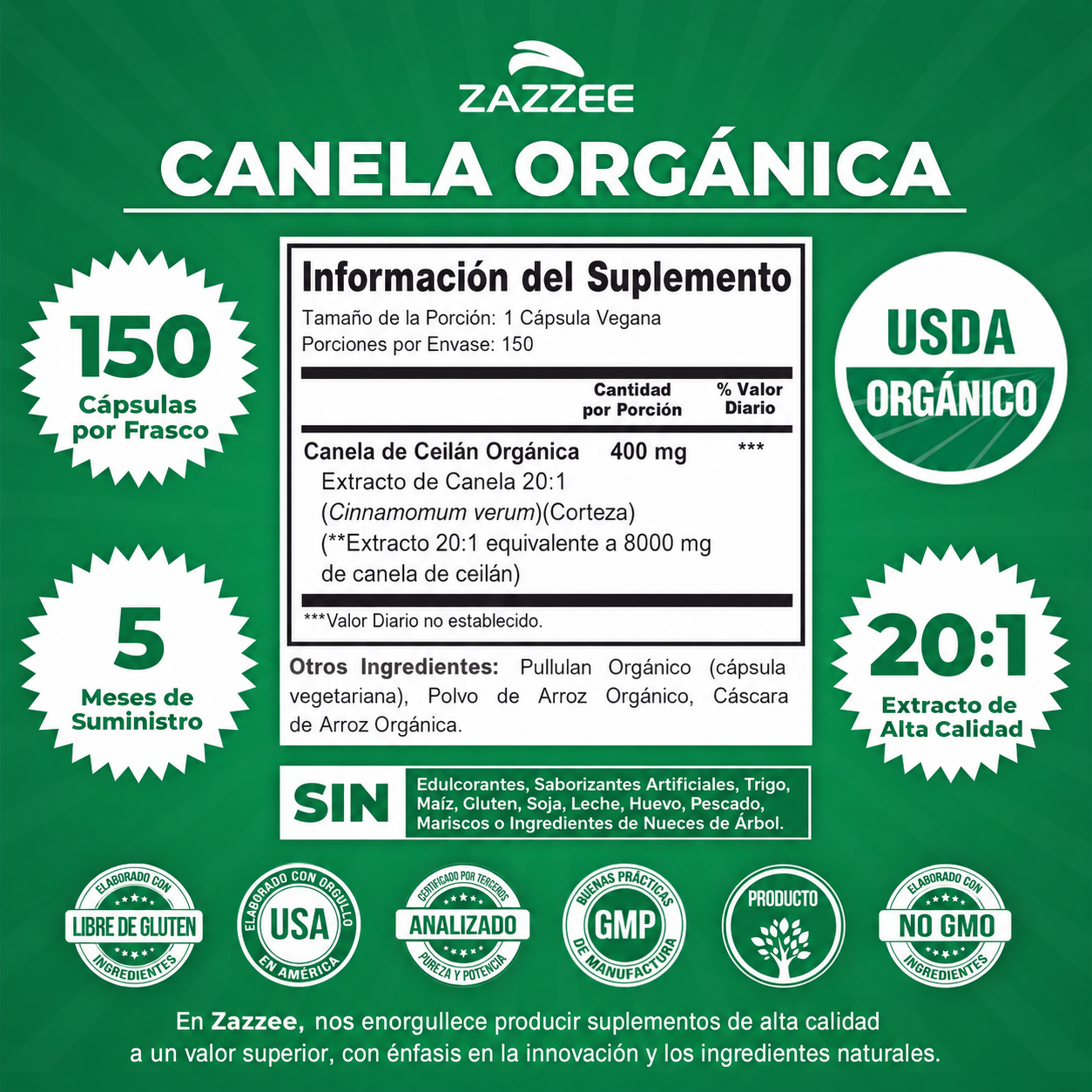 Zazzee - Extracto de Canela de Ceilán - Apoyo Antioxidante y Metabólico Totalmente Natural | 150 Cápsulas