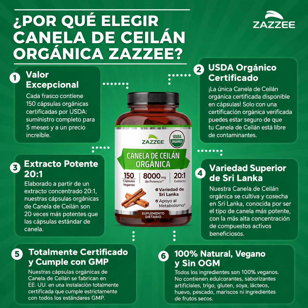 Zazzee - Extracto de Canela de Ceilán - Apoyo Antioxidante y Metabólico Totalmente Natural | 150 Cápsulas